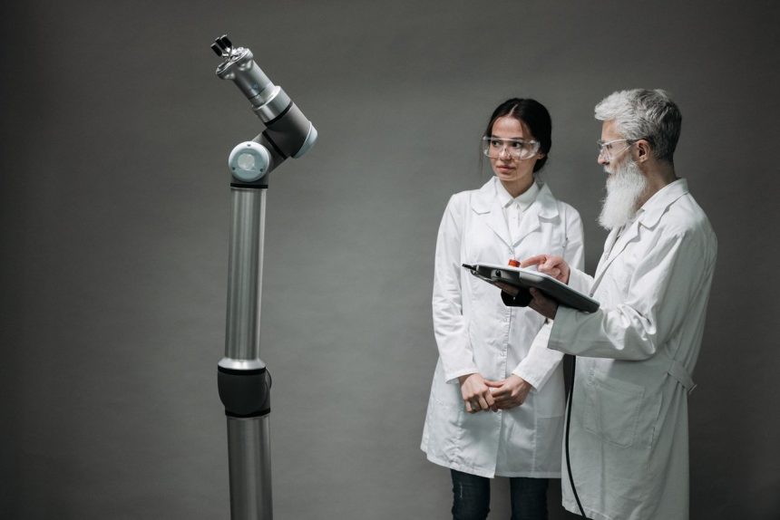 Pesquisadores trabalham com tecnologia robótica em um laboratório de inovação.